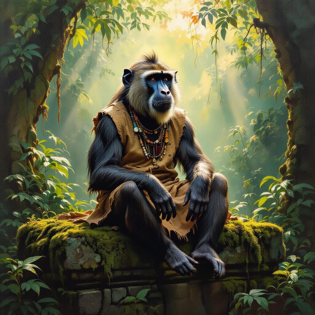 Wise Old Baboon in Jungle Ruins, Impasto Oil Painting