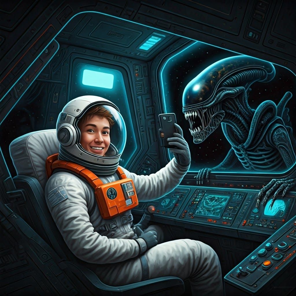 Astronaut Selfie with Xenomorph in Spaceship