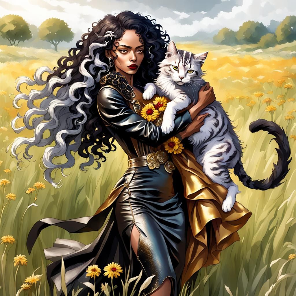 Fantasy Feline Humanoid Carries Woman Across Floral Field