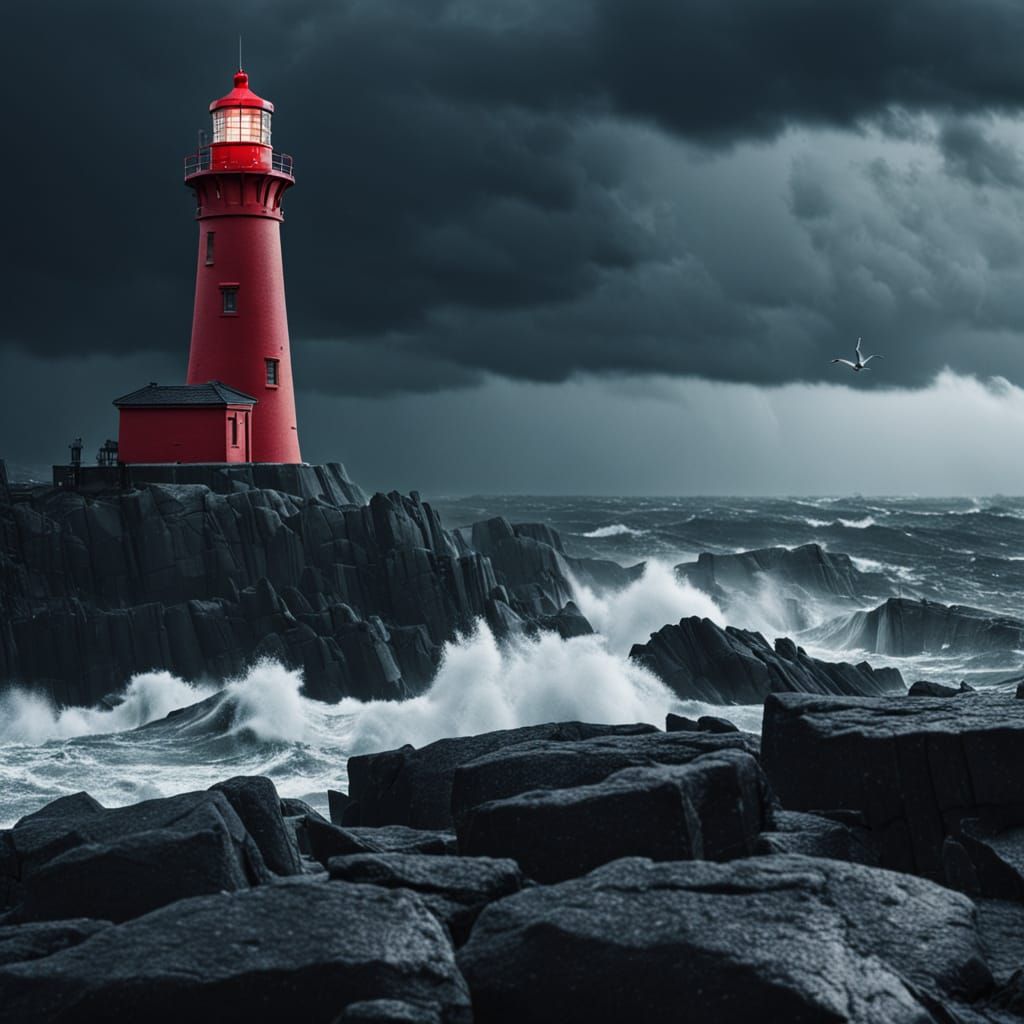 Red Lighthouse Stands Against Stormy Sea