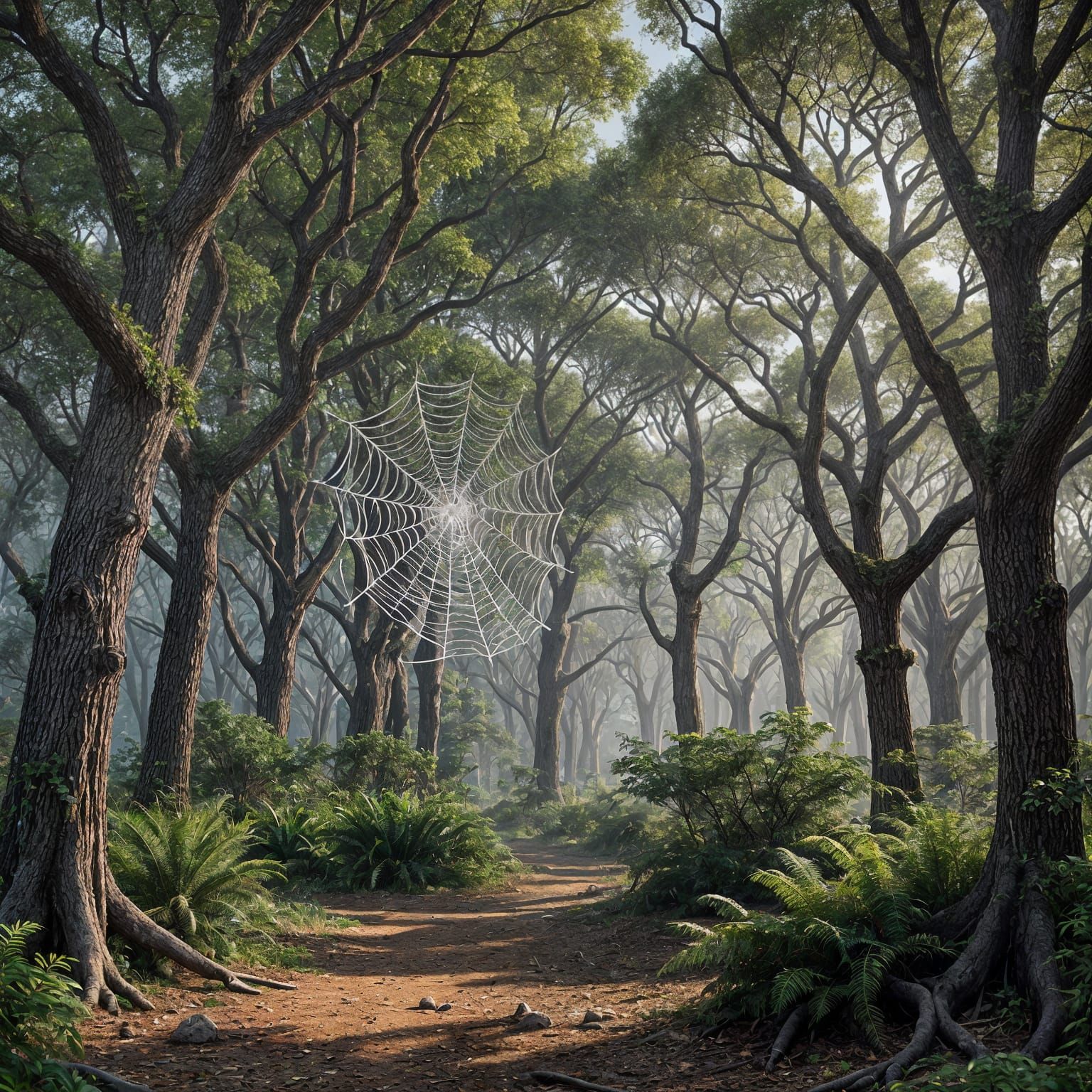 Surreal Spider Web Trees and Silver Ground Landscape