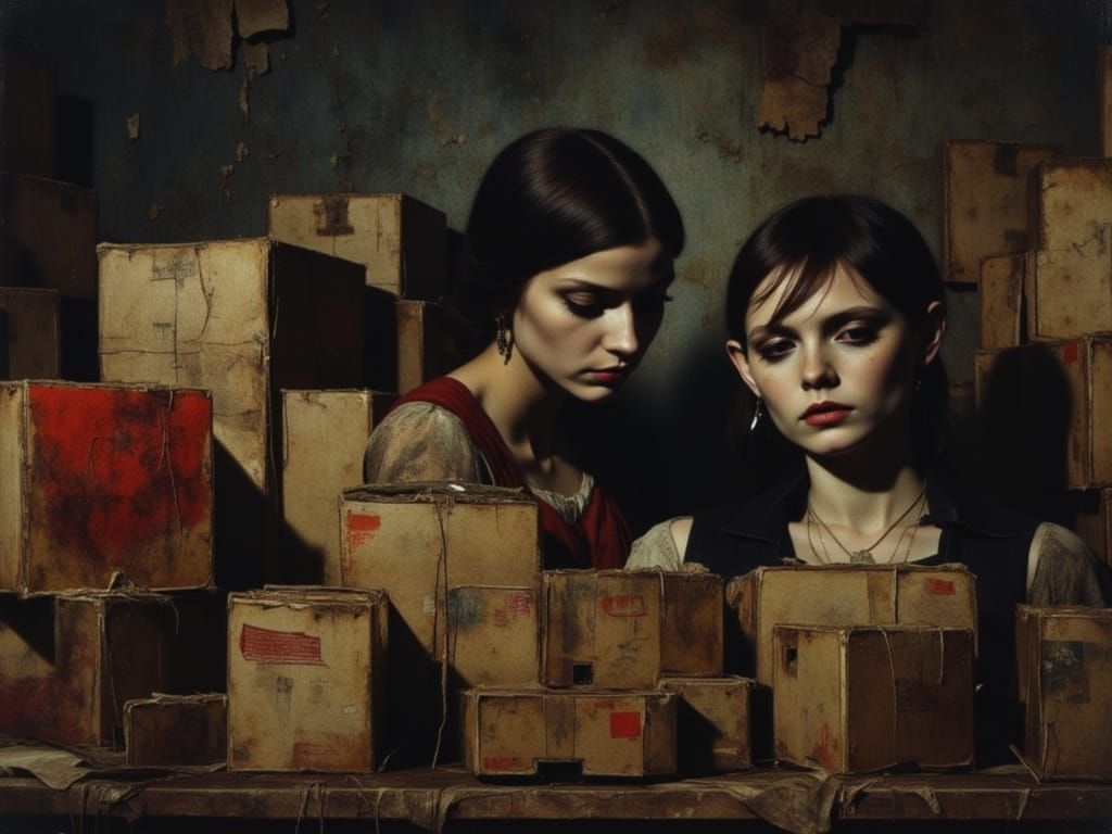 Two Figures Observe Boxes in Moody Concept Art Style