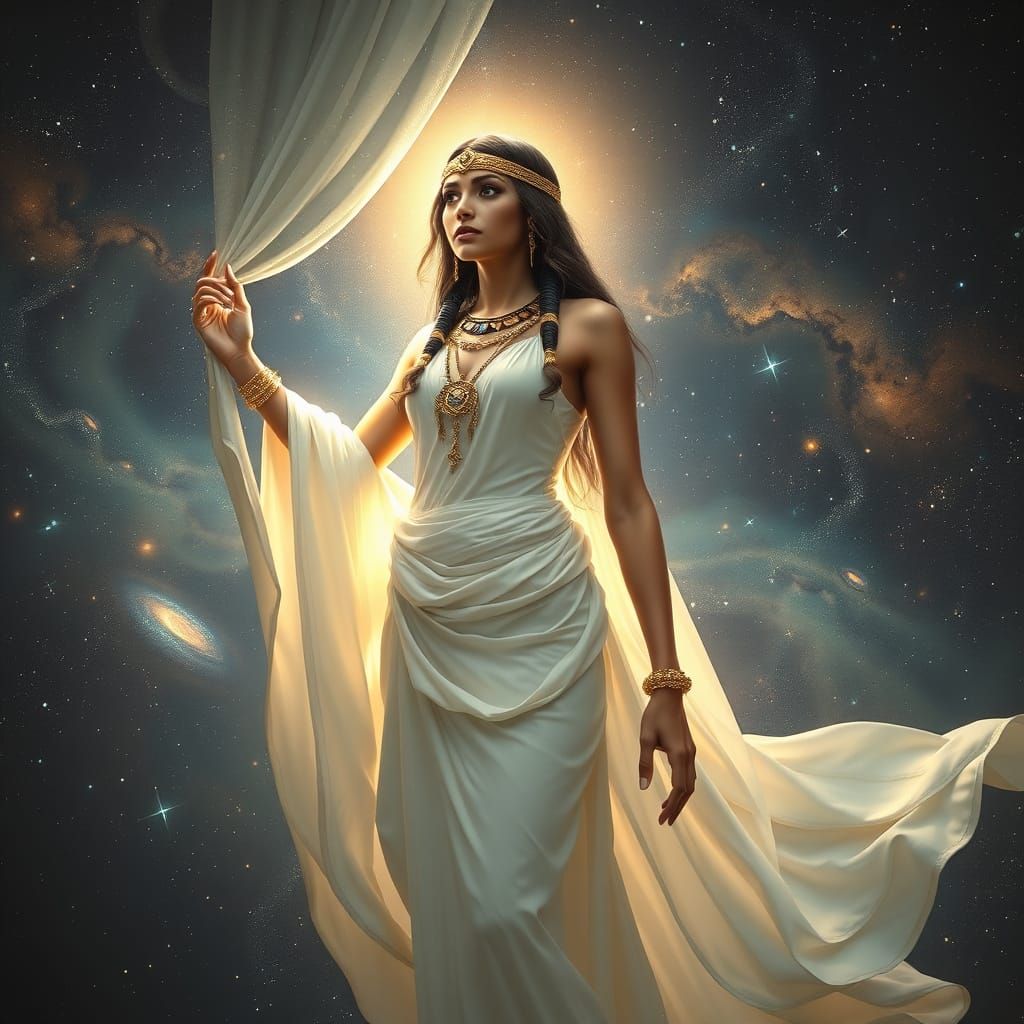 Egyptian Goddess Unveiling Galaxies in Starry Cosmos