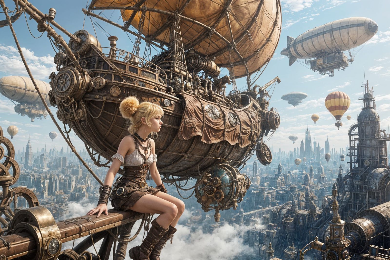 Massive Steampunk Airship Above City with Girl
