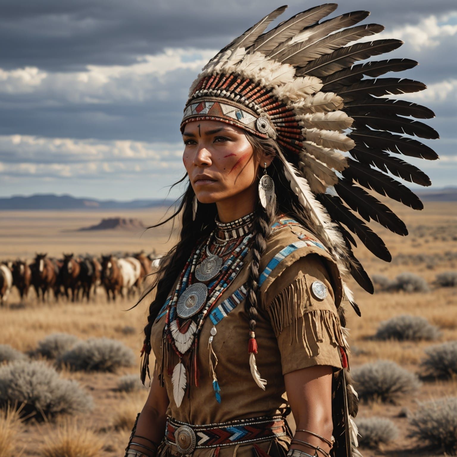 Sioux Warrior Woman in Traditional Prairie Landscape