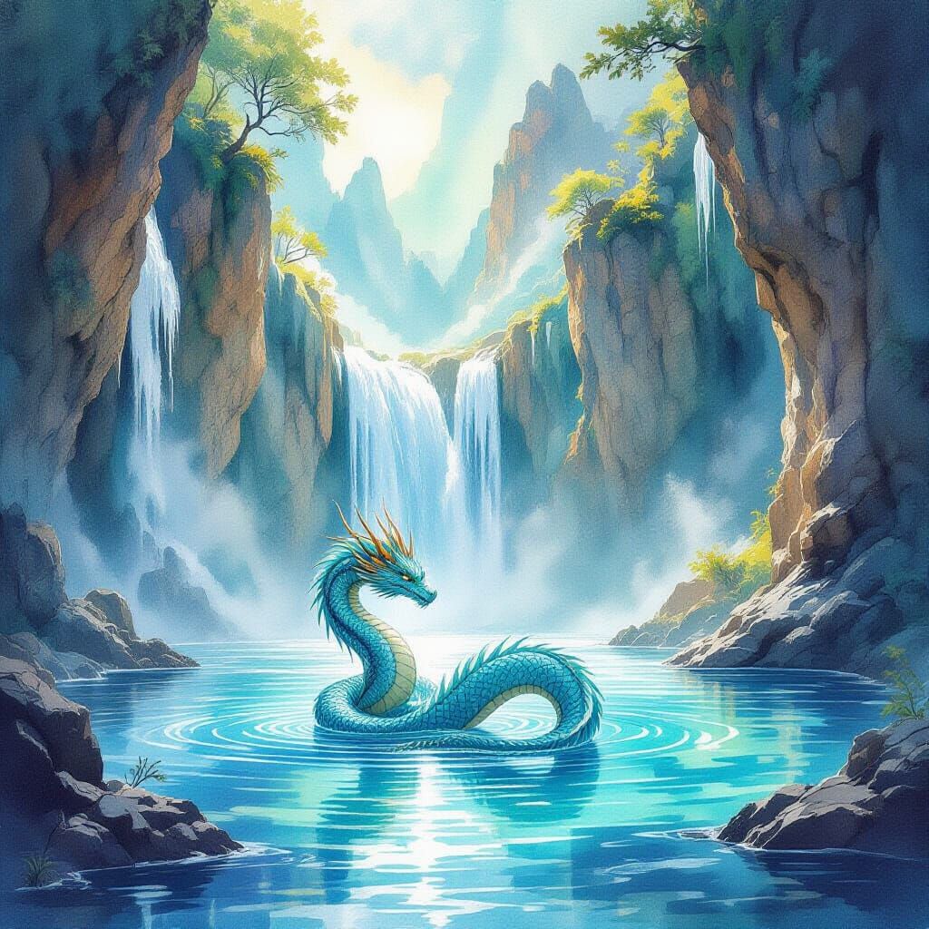 Aquamarine Dragon in Watercolor Pond