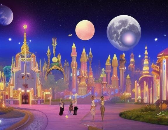 Elf City at Night: Art Nouveau Rococo Architecture