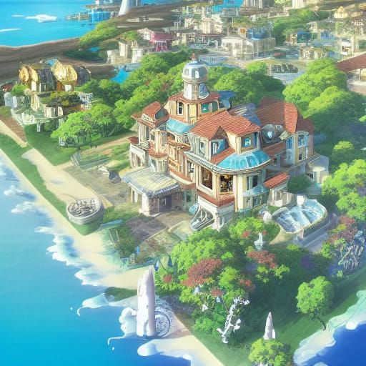 Coastal Town Map: Modern Mansion in Anime Style