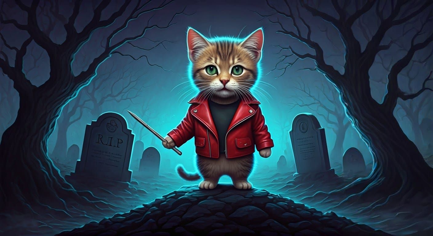 Whiskered Feline Buffy in Cemetery, Digital Painting
