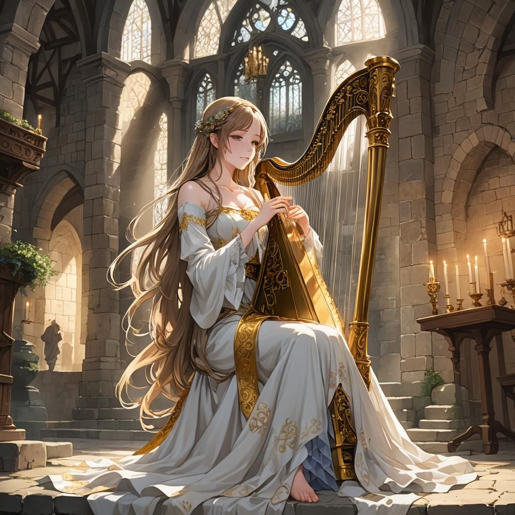 Ethereal Maiden Plays Harp in Anime Style