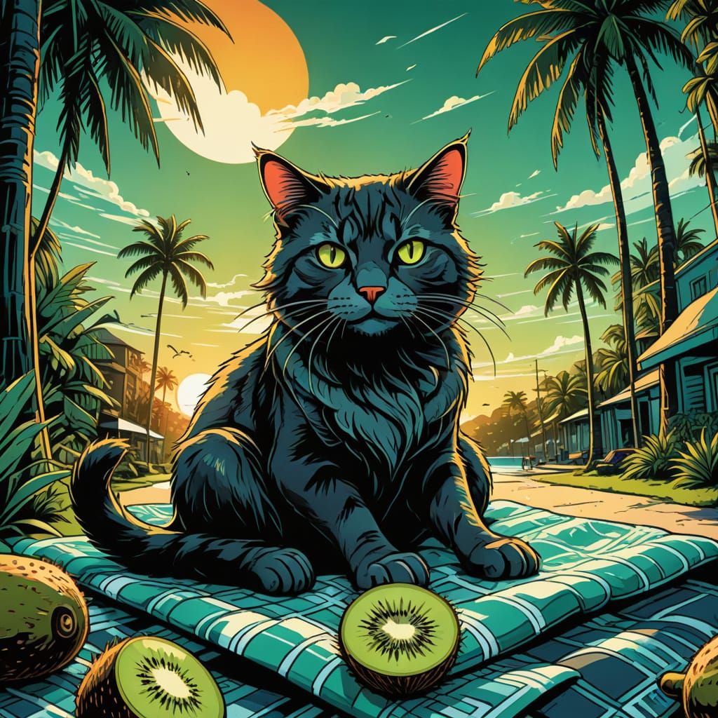 Cartoon Cat Relaxing in Tropical Paradise