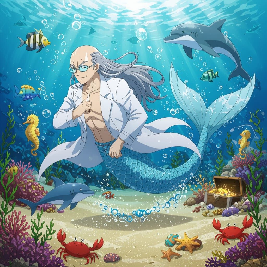 Anime Merman with Lab Coat in Sunken Ship