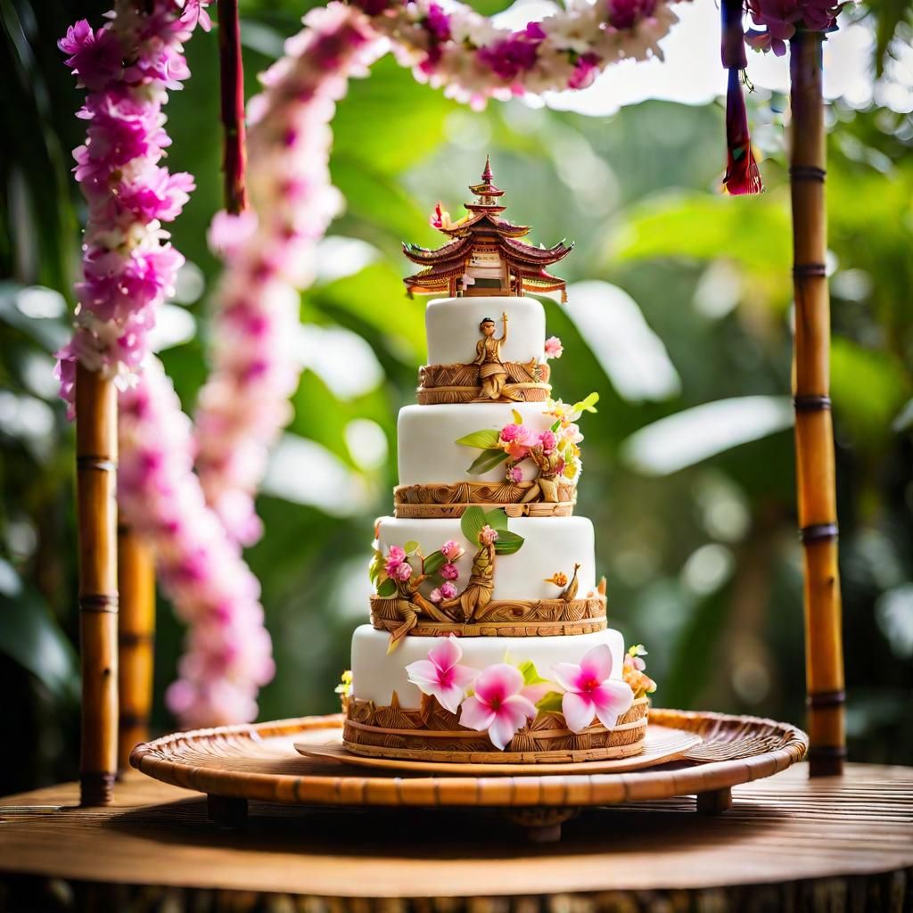 Intricate Wedding Cake Topped with Balinese Dancers