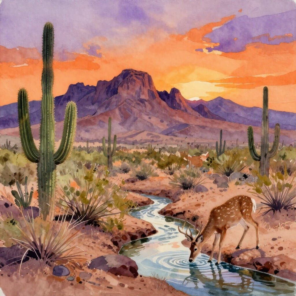 Deer Drinking at Sunset in Desert Watercolor Style