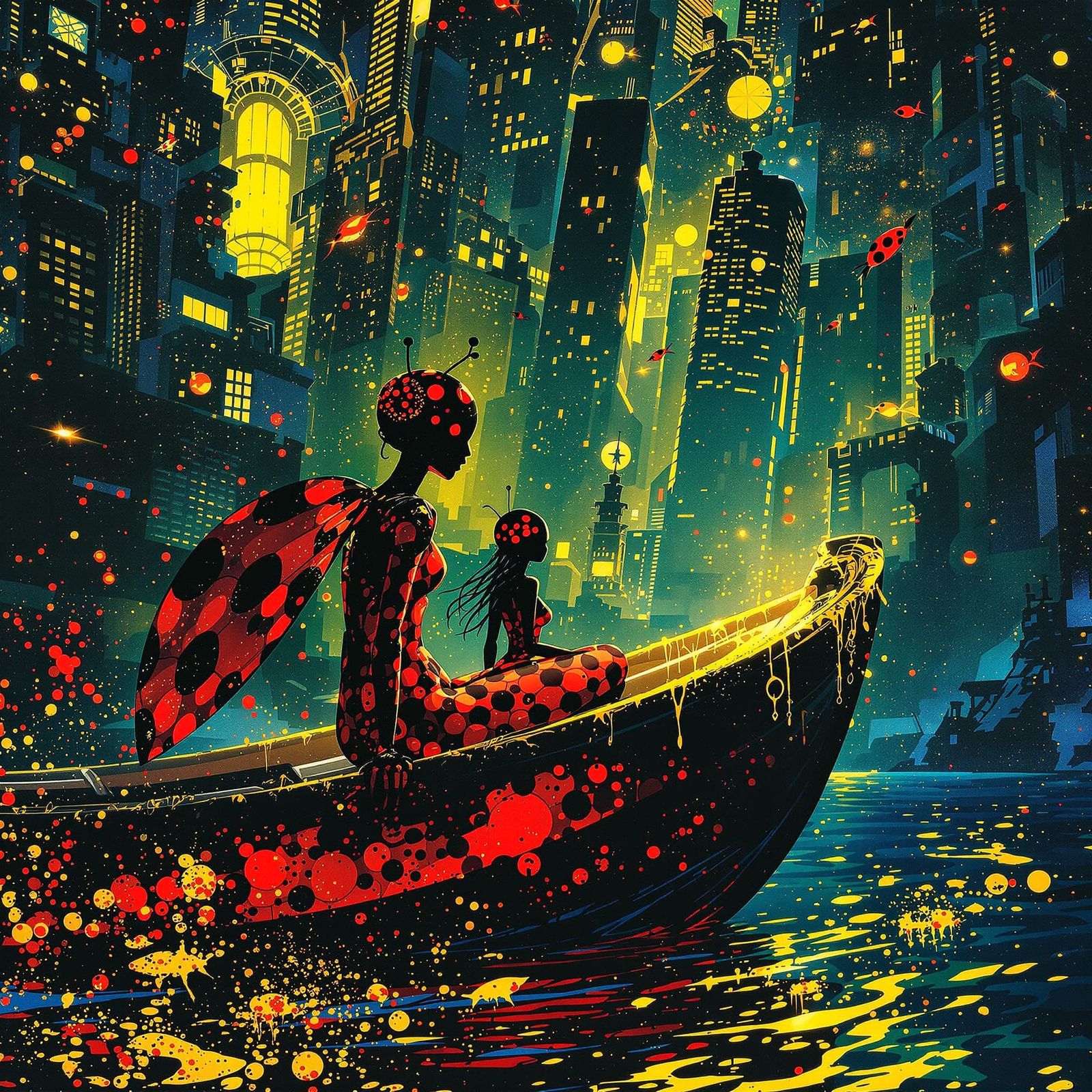 Ladybug Explorer in Glowing Underwater City Illustration