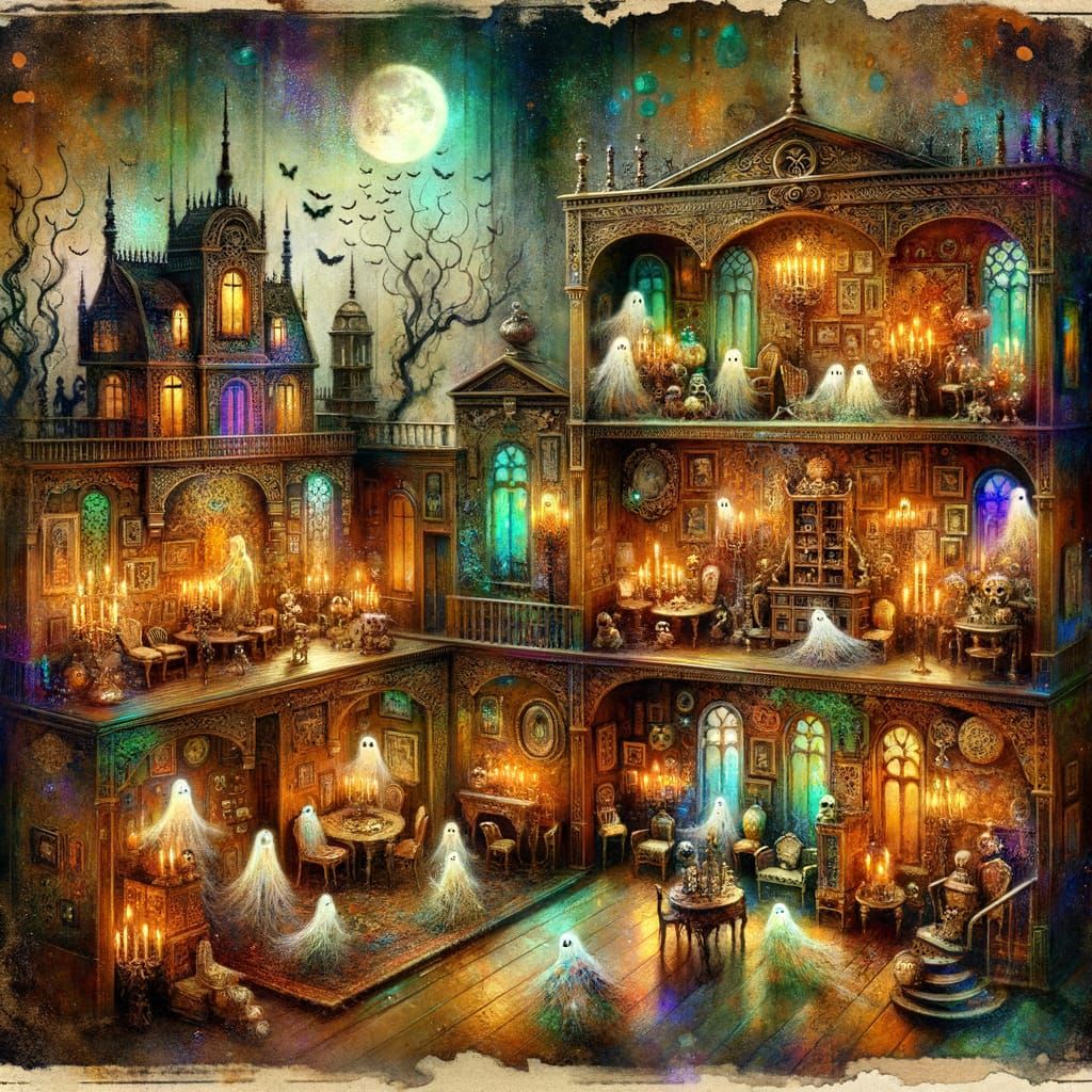 Spooky Dollhouse with Miniature Ghosts and Gold Accents