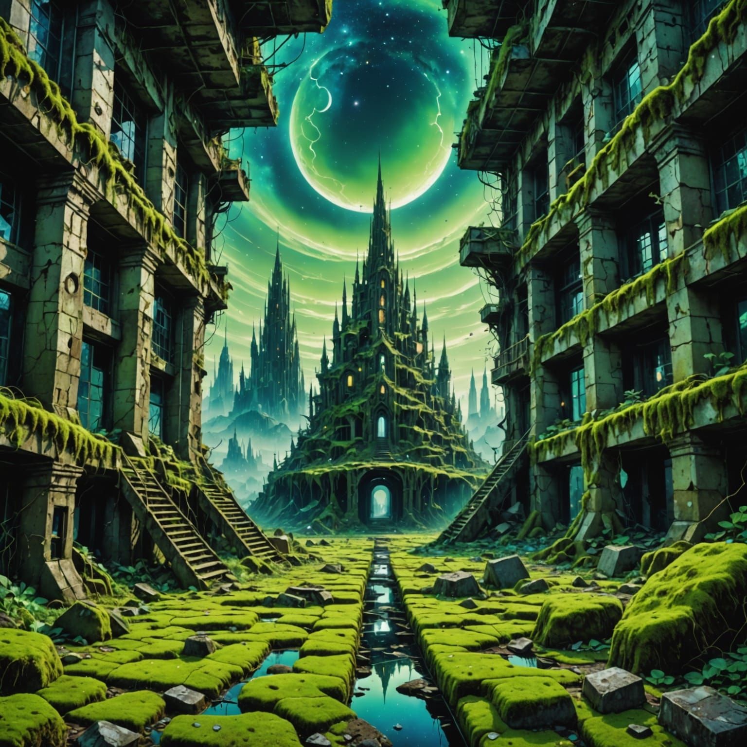 Desolate City Engulfed by Nature, Cosmic Illustration