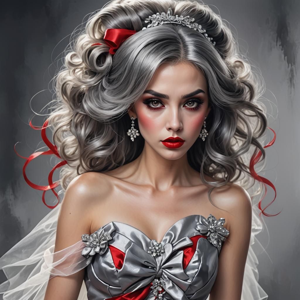 Stunning Woman with Grey Hair and Red Dress