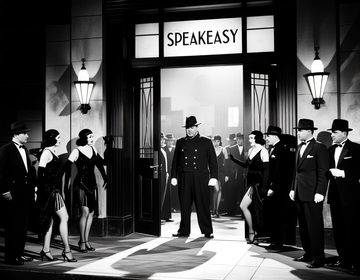 1930s Film Noir Speakeasy Entrance with Gangsters