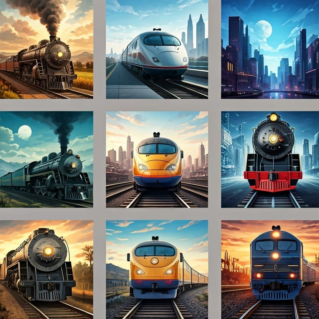 Trains in 12 Unique Artistic Styles: A 4x3 Grid Composite