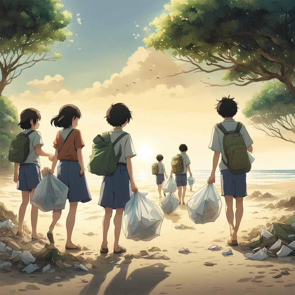 Children Cleaning Beach in Anime Style