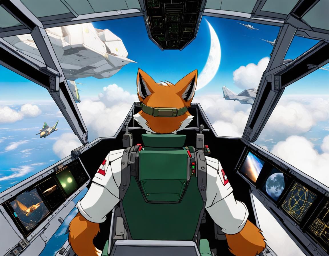 Fox McCloud inside a cockpit of his shapeship.