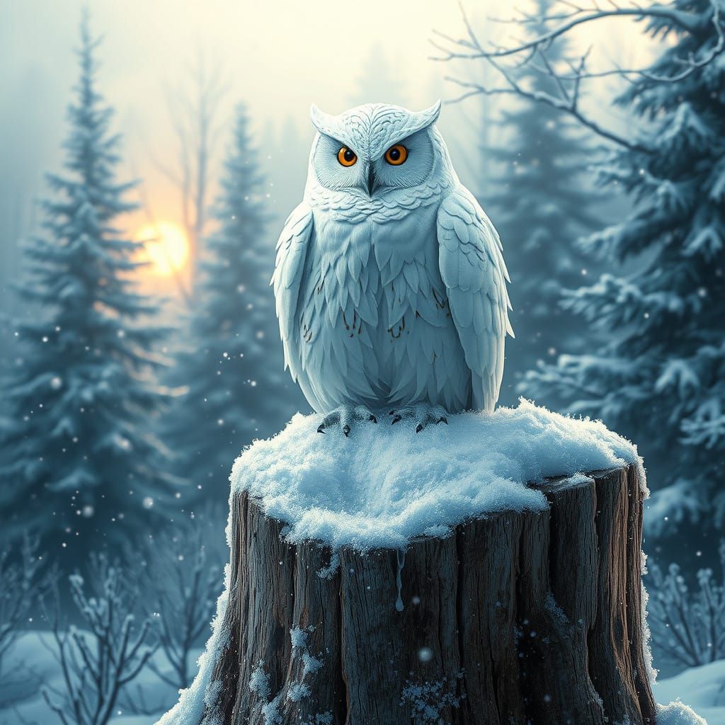 Whimsical Snow Owl in Winter Wonderland