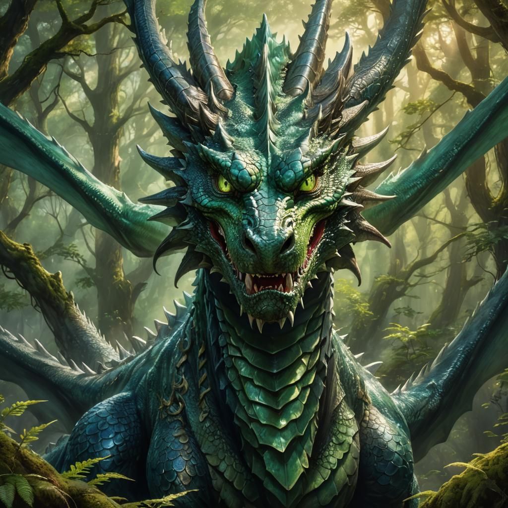 Emerald-Eyed Forest Dragon in Fantasy Art Style
