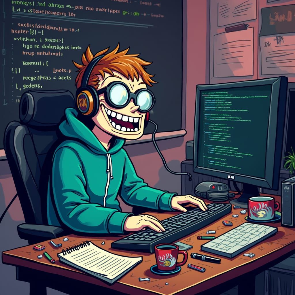 Trollface as Programmer in Meme-Style Cartoon