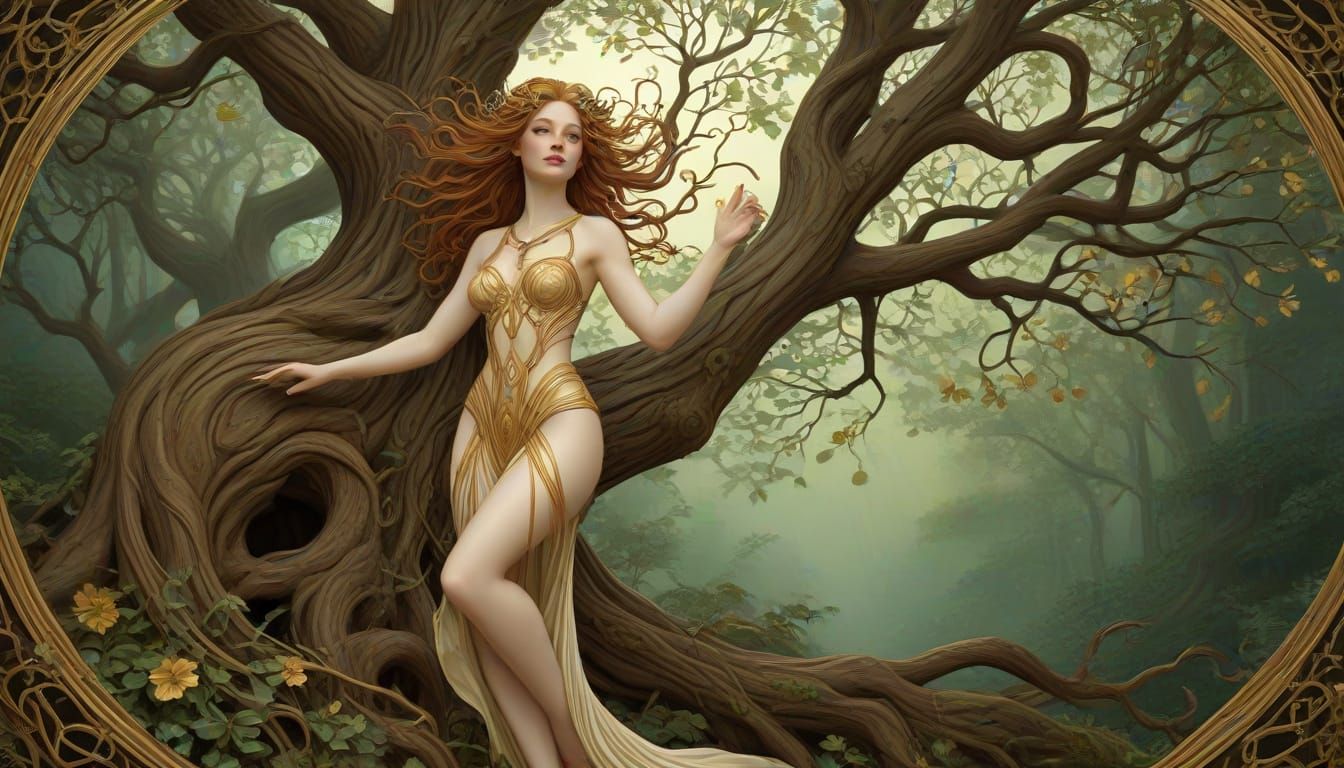 Art Nouveau Dryad Emerging from Ancient Tree