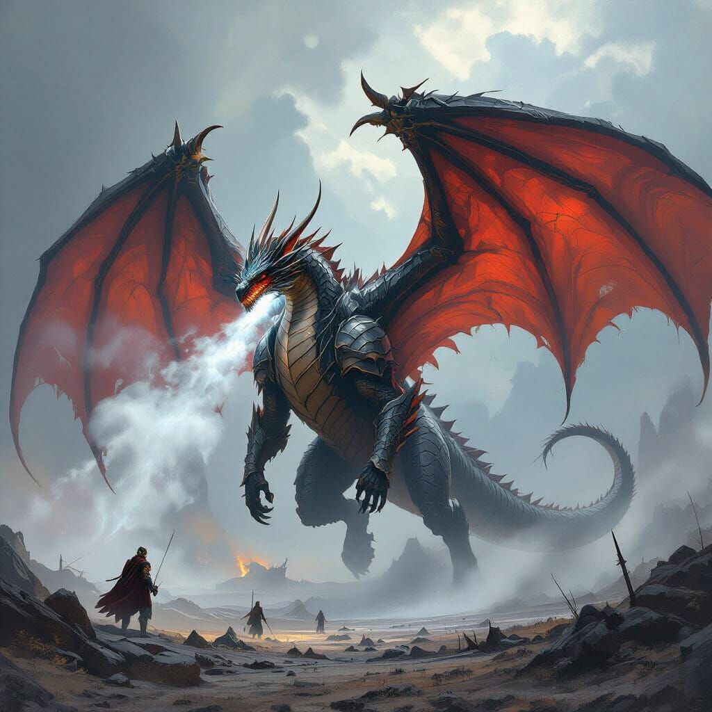 Armored Dragon Soaring Over War-Torn Landscape