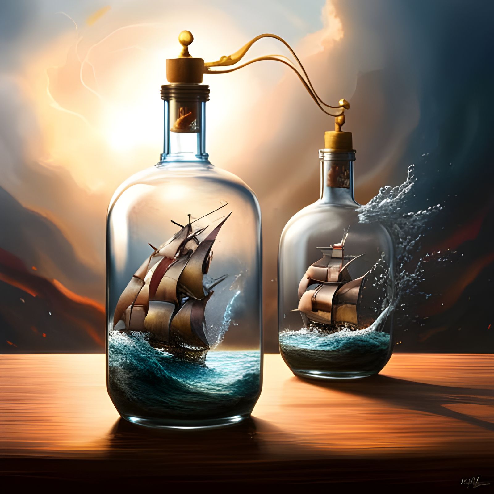 Battleships Clash in a Bottle: Hyperrealistic Concept Art