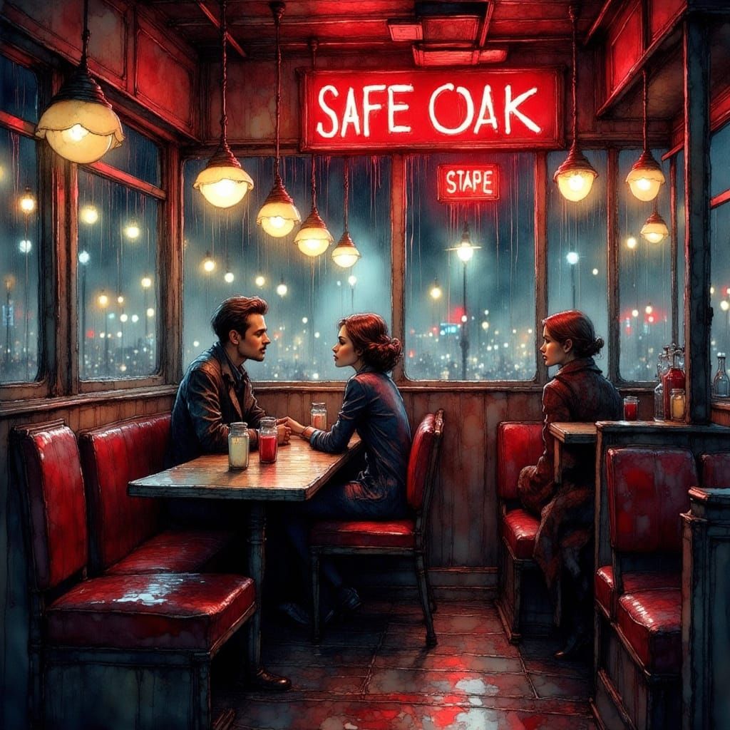 Vintage 40s diner interior. Nighttime in the rain.