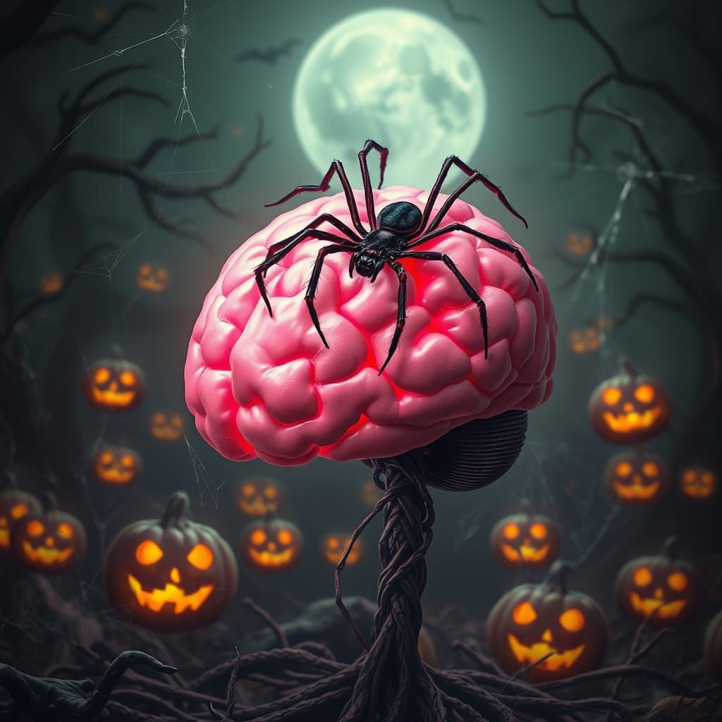 Glowing Brain in a Gothic Halloween Scene