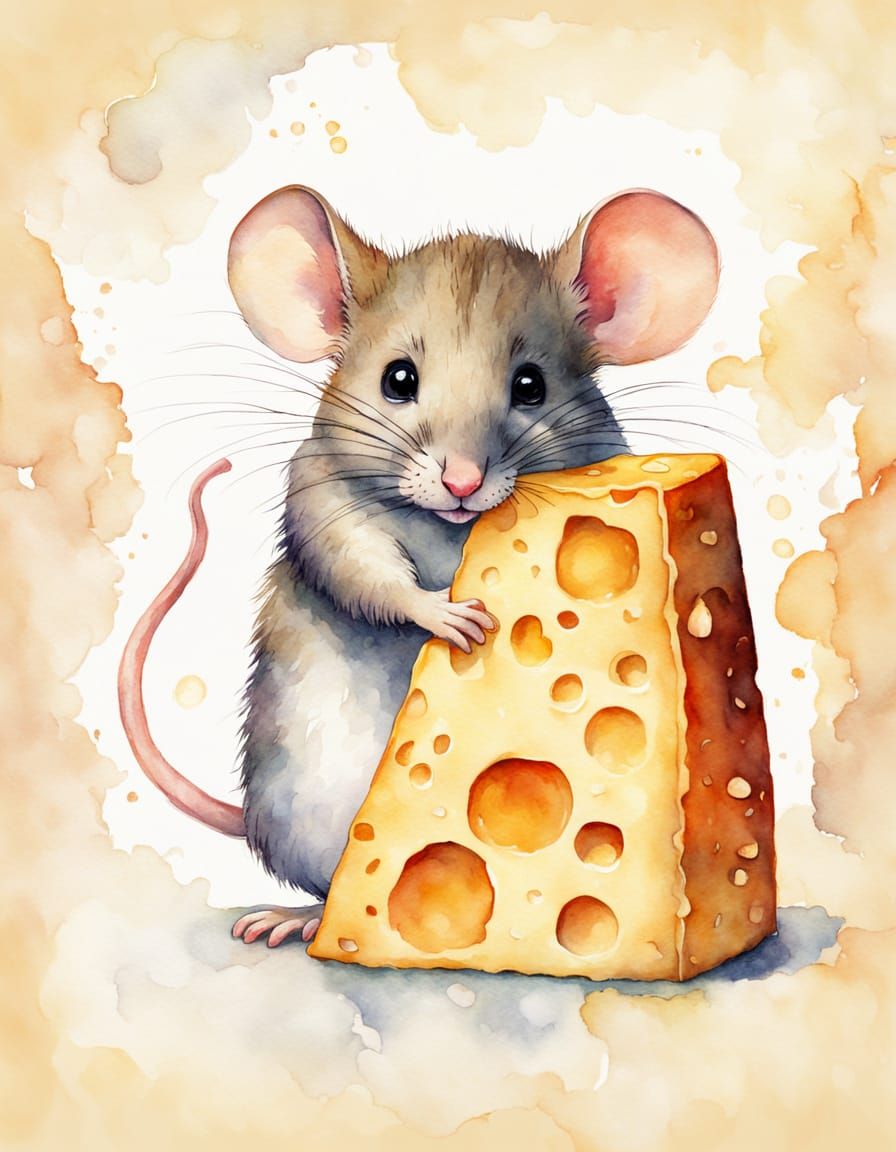 Shy Mouse and Cheese: Watercolor Illustration