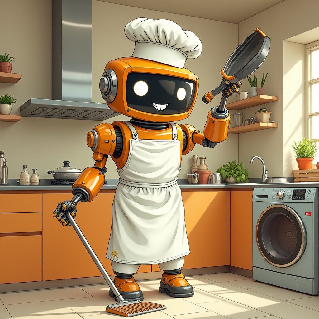 Humorous Robot Chef Juggling in Kitchen, Cartoon Style