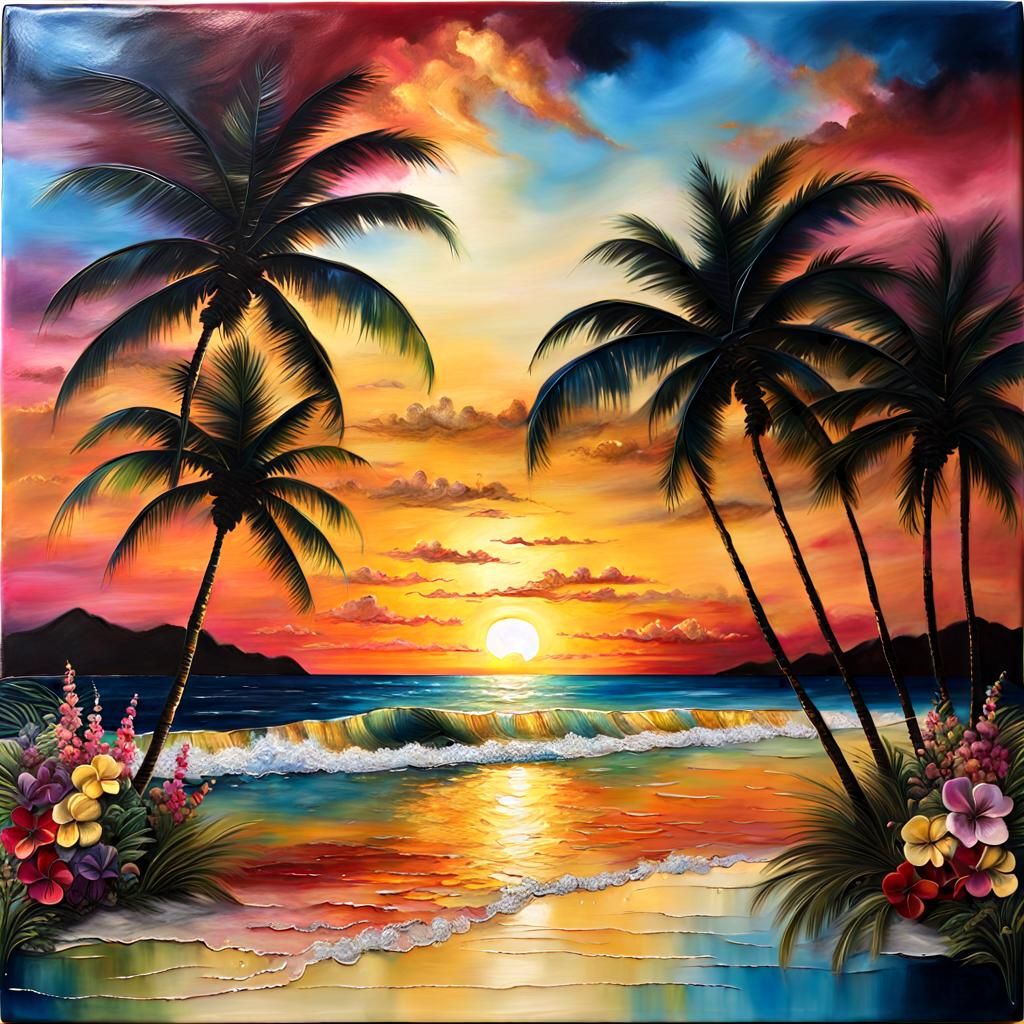 Tropical Beach Sunset Encaustic Painting