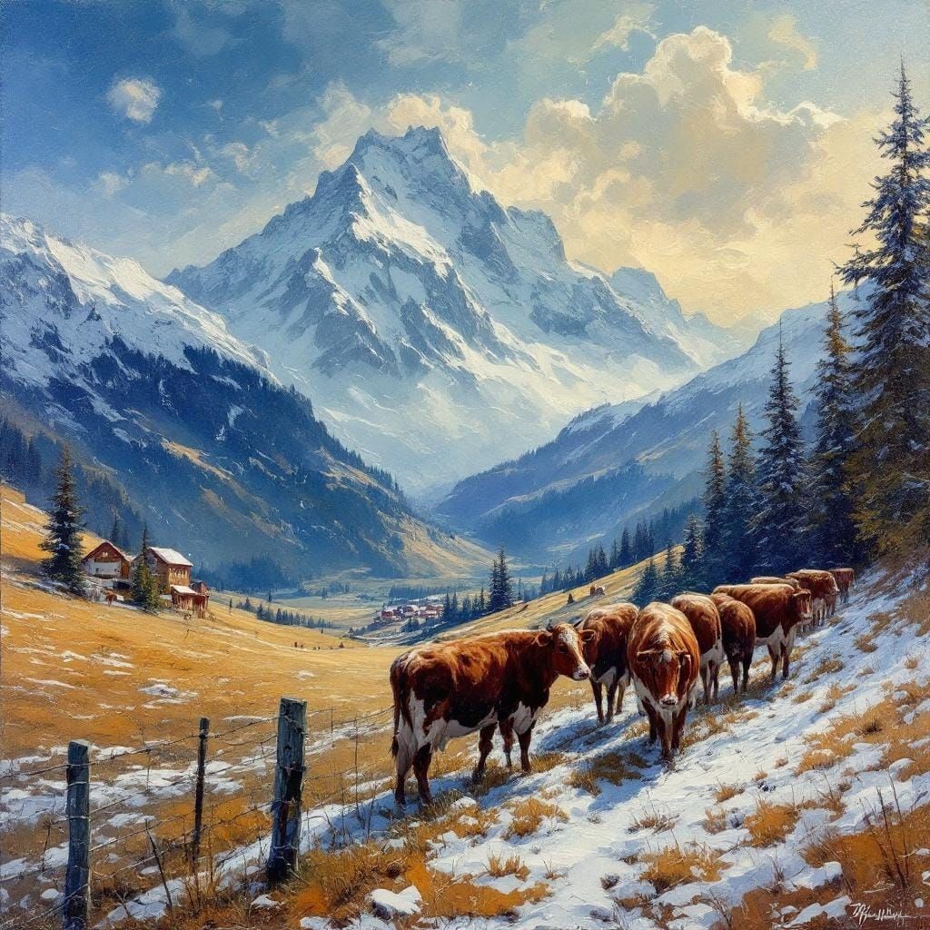 Swiss Cows in Alps: Encaustic Impressionist Style