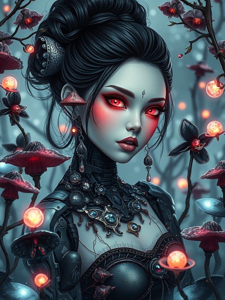 Cyborg in Winter Cyberpunk Alien Garden