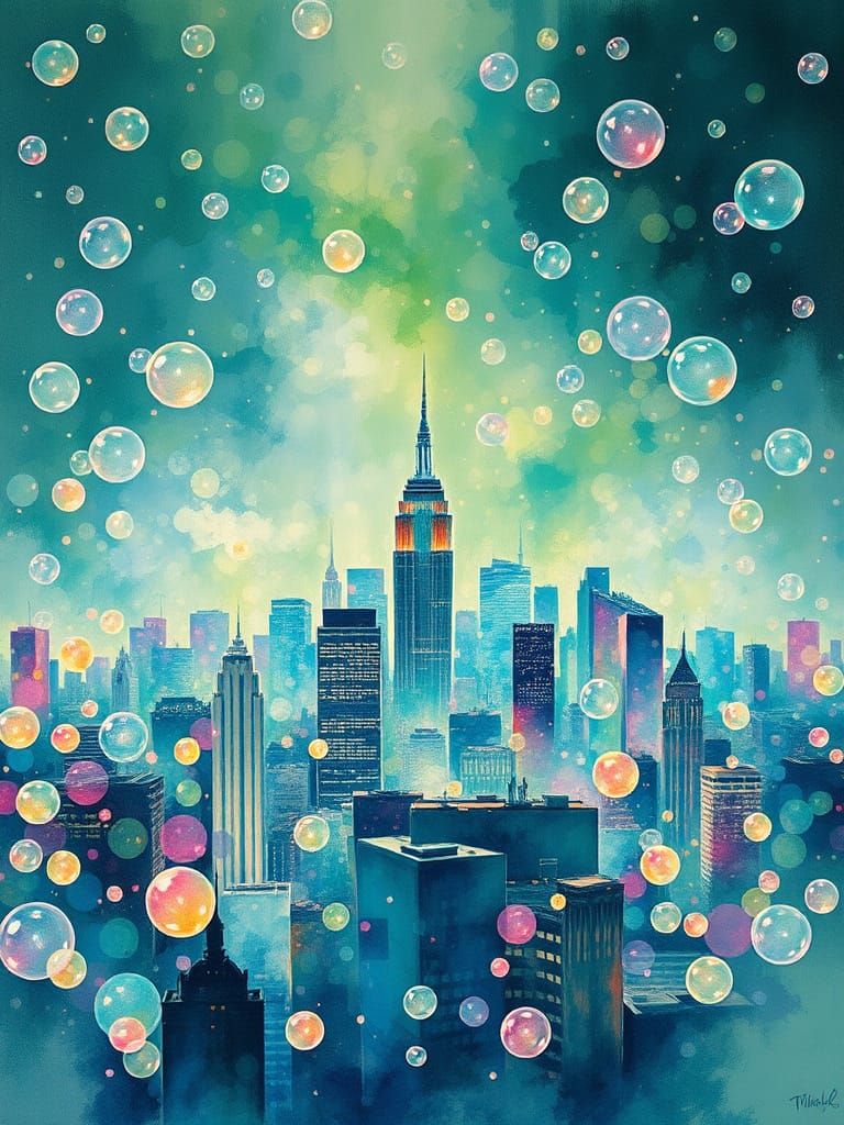 Shimmering Bubble Cityscape in Impressionist Gouache Style