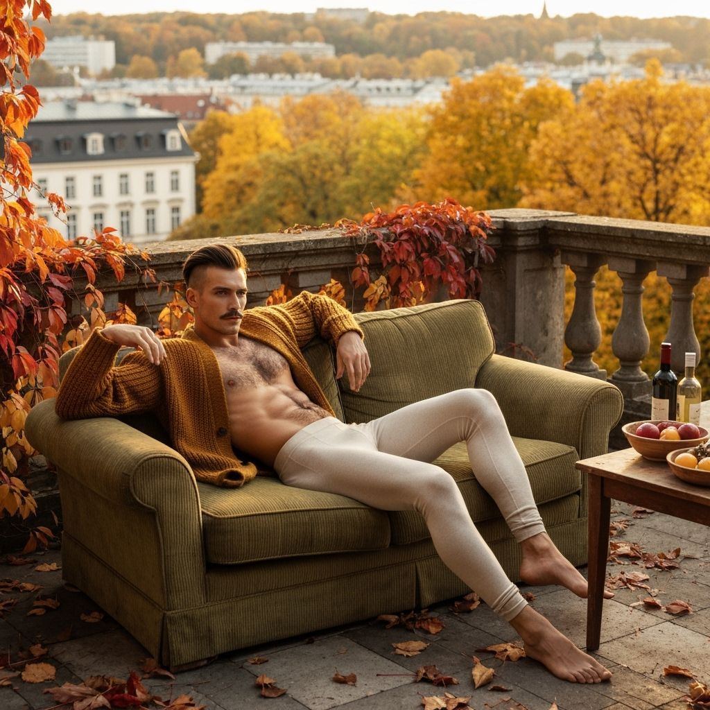 Autumn Terrace in Old European City with Man Relaxing