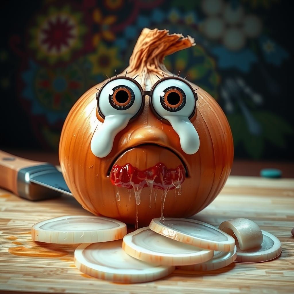 Crying Onion with Googly Eyes, Hyperrealistic Art