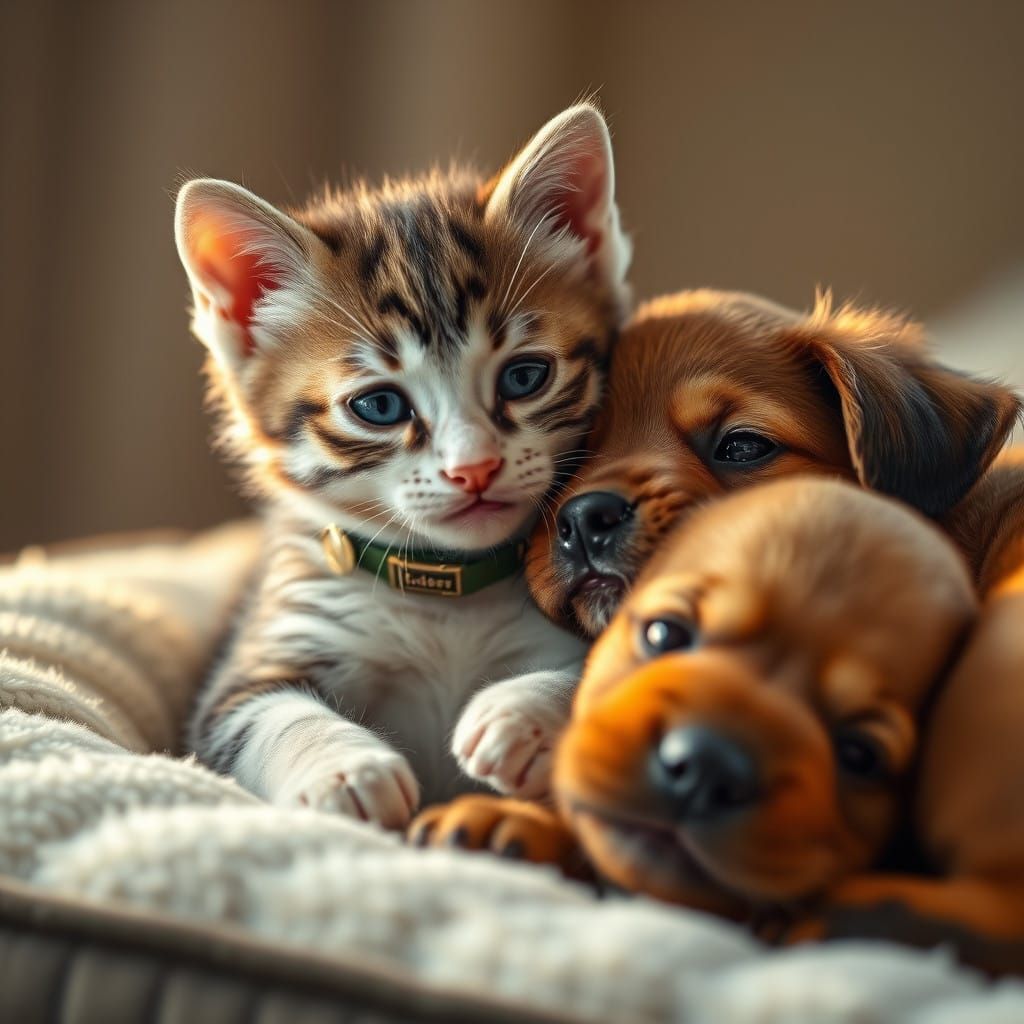 Tender Moment of Puppy and Kitten Friendship in a Warm, Gold...