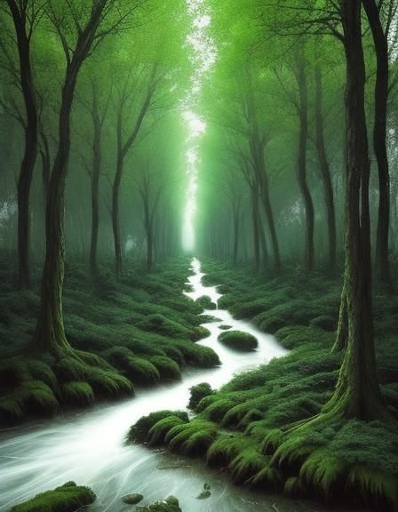 Dystopian Forest River in Cyberpunk Style