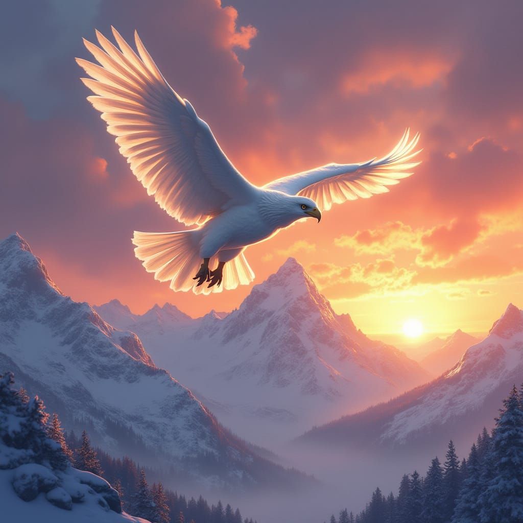 Majestic Eagle Soars Over Snowy Mountains at Sunset