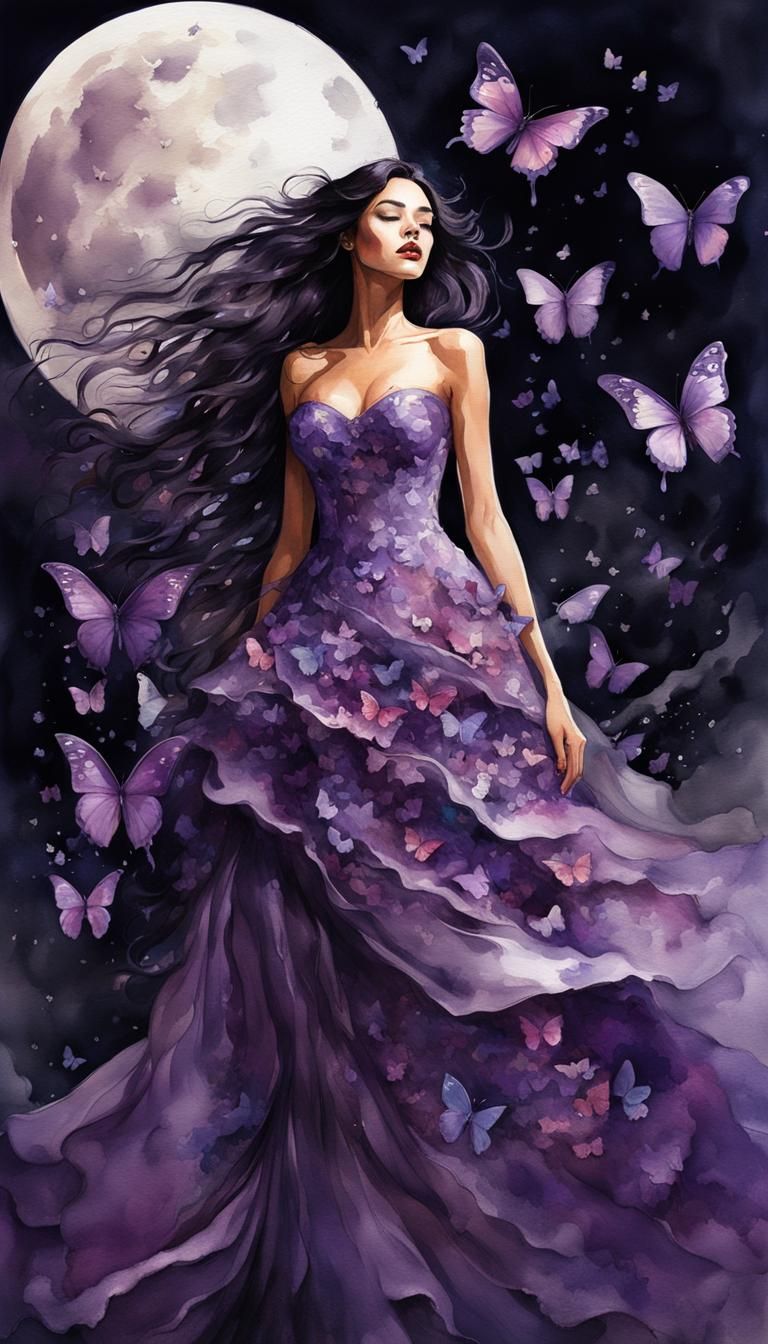Woman in Butterfly Gown: Watercolor Art