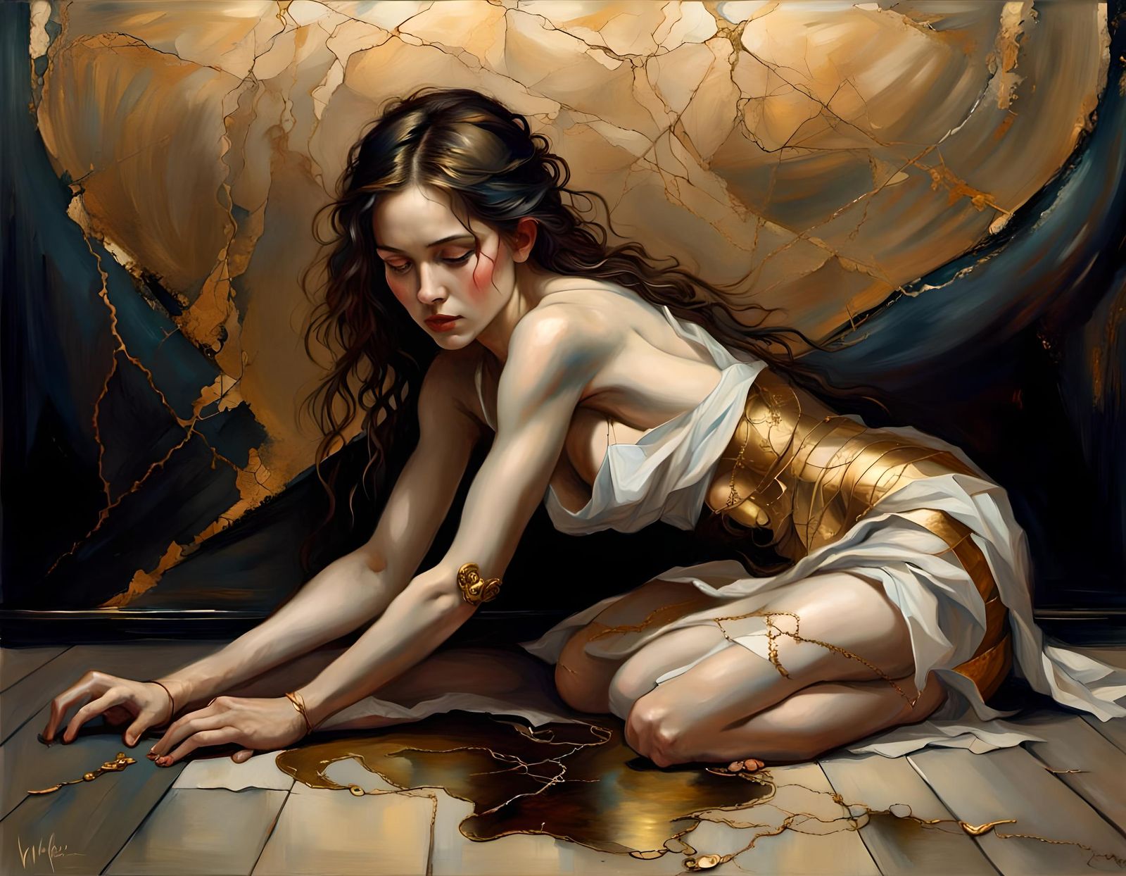 Kintsugi Woman with Broken Heart, Oil on Canvas