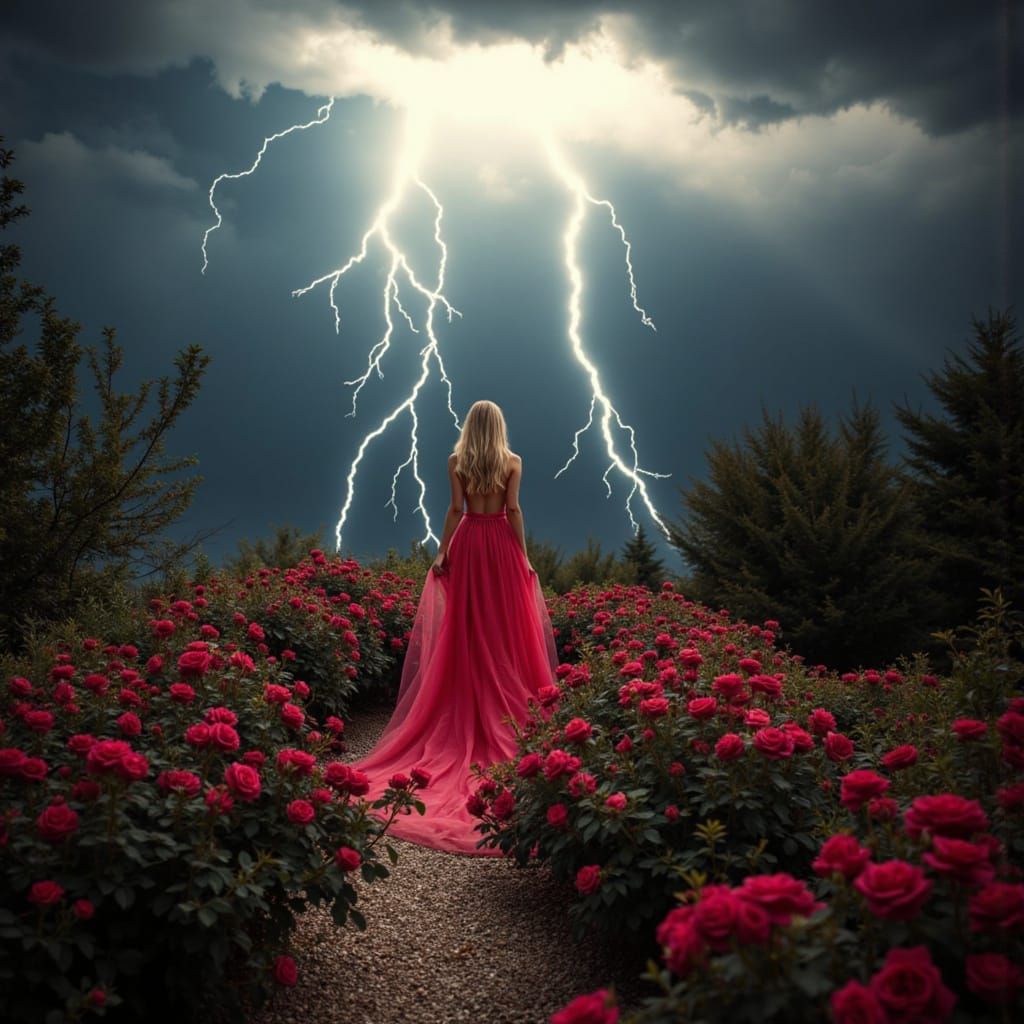 Elegant Woman in Rose Garden Thunderstorm