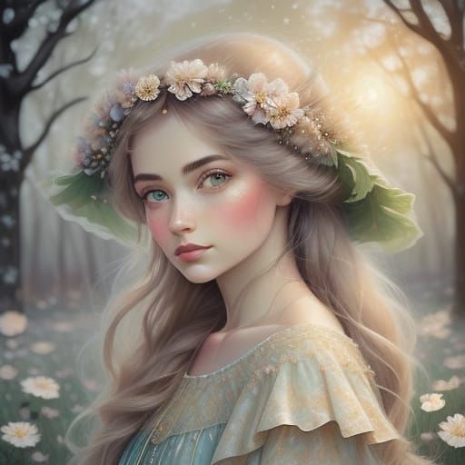 Whimsical Digital Portrait of a Young Girl with a Daisies Wr...