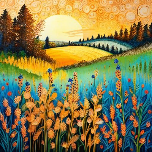 Golden Summer Meadow: Mixed-Media Digital Art